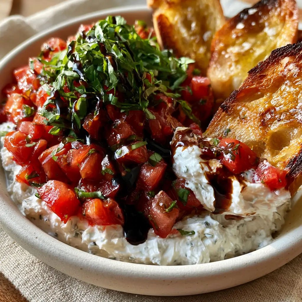 Bruschetta Dip: The Ultimate Whipped Herbed Cheese and Balsamic Appetizer 1 A baguette slice being dipped into a bowl of creamy bruschetta dip with glossy balsamic glaze. (Bruschetta Dip)
