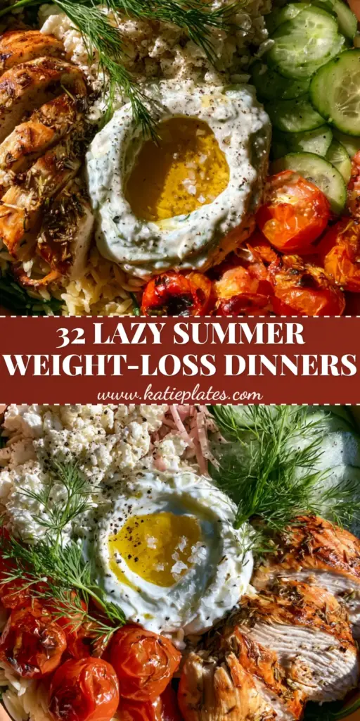 A vibrant Mediterranean summer harvest bowl with grilled chicken, lemon orzo, and tzatziki. (Healthy summer dinner recipes)