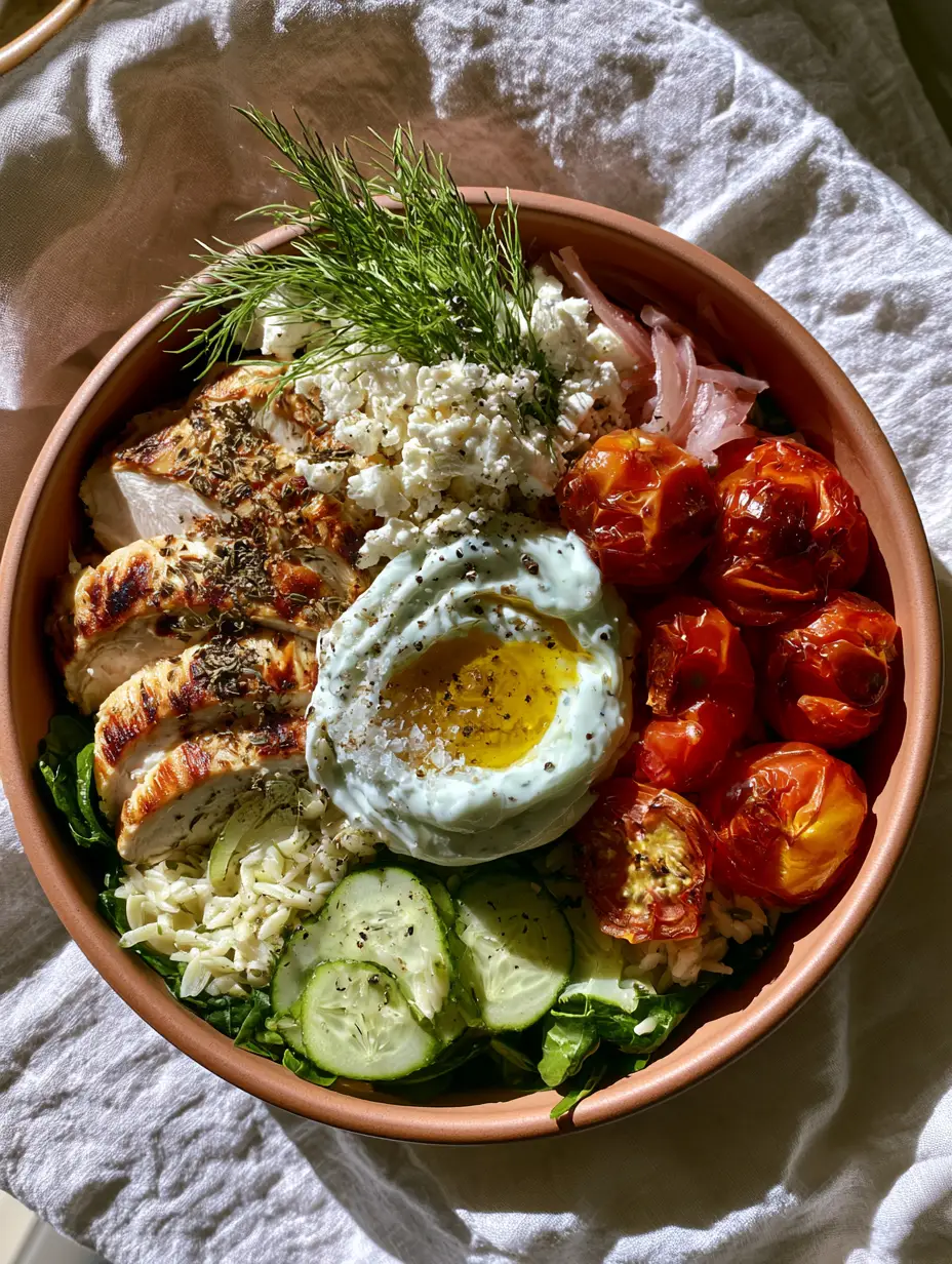 Top-down view of a Mediterranean harvest bowl in a terracotta dish with golden grilled chicken and fresh herbs. (Healthy summer dinner recipes)