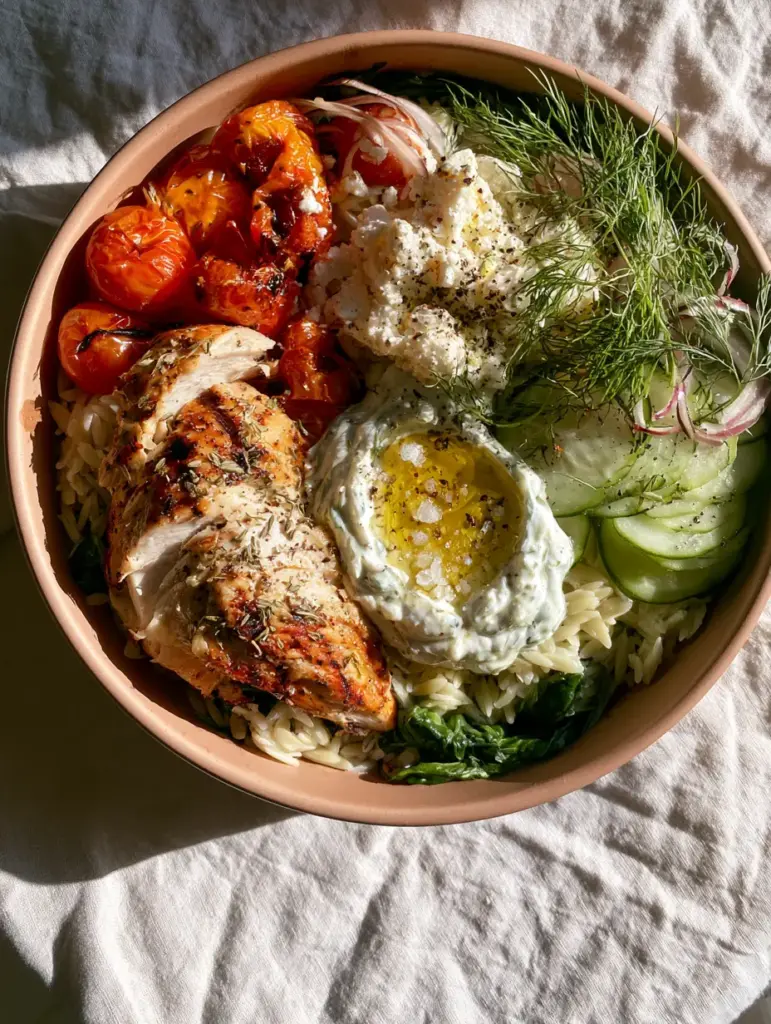 Close up of blistered cherry tomatoes and creamy tzatziki in a Mediterranean bowl.