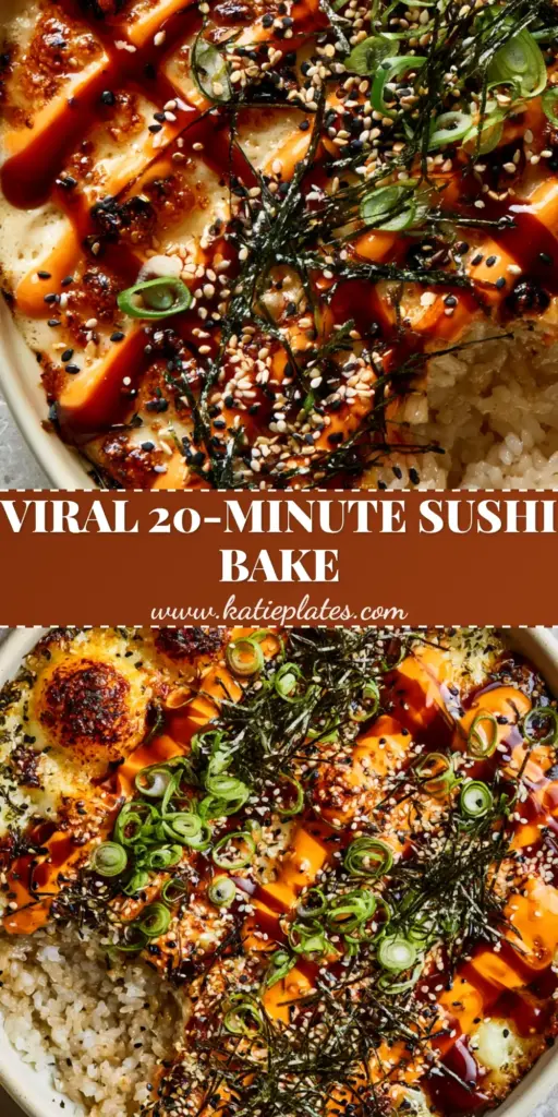 Overhead view of a Spicy Tuna Sushi Bake in a cream ceramic dish with geometric drizzles of spicy mayo and unagi sauce, topped with scallions and nori.