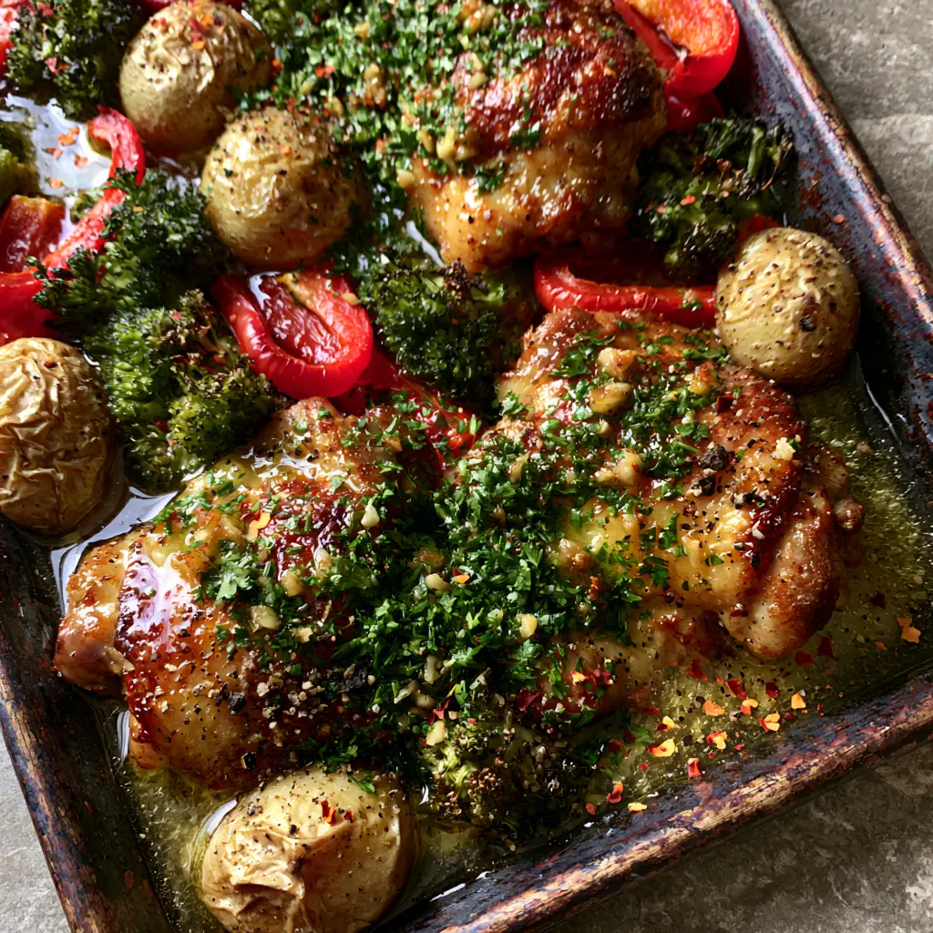 Chicken and Vegetable Recipes: The Ultimate Garlic Butter Sheet Pan Thighs 2 Close up of glistening seared chicken thighs with minced garlic and parsley on a dark pan. (chicken and vegetable recipes)