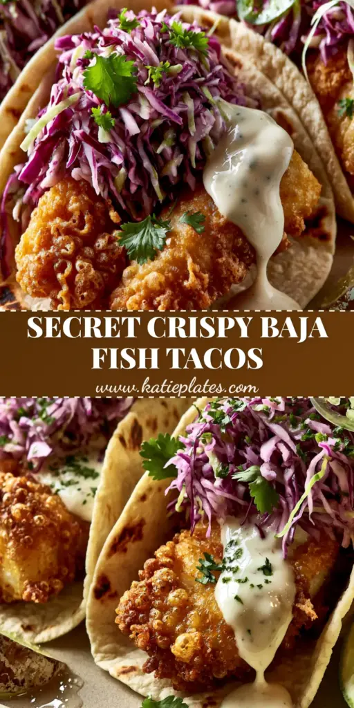 Baja Fish Tacos with Ultra-Crispy Beer Batter and Zesty Lime Crema 3 Macro shot of three Baja fish tacos with crispy beer-battered fish, shredded cabbage, and glossy crema drizzle. (baja fish tacos)