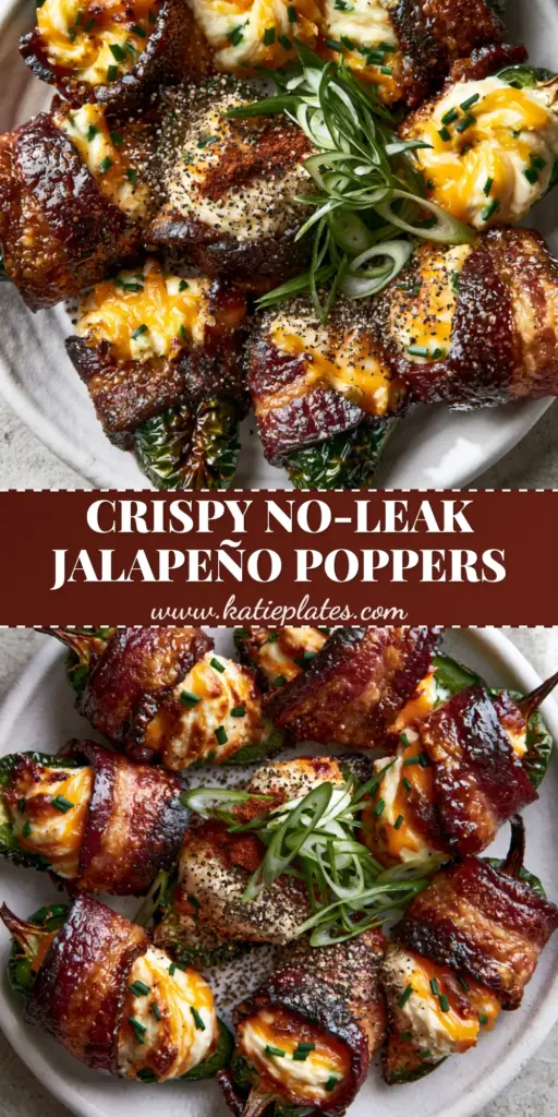 A top-down macro shot of Bacon-Wrapped Jalapeno Poppers on a white platter, showing crispy mahogany bacon and ivory cream cheese filling with chives.