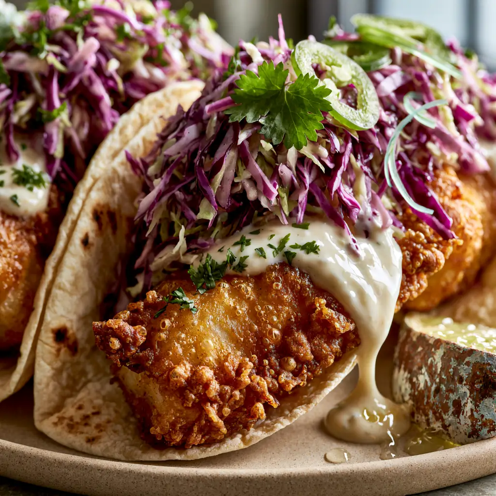 Baja Fish Tacos with Ultra-Crispy Beer Batter and Zesty Lime Crema 2 Close-up of golden-brown beer-battered fish with visible crags and airy texture in a charred tortilla. (baja fish tacos)