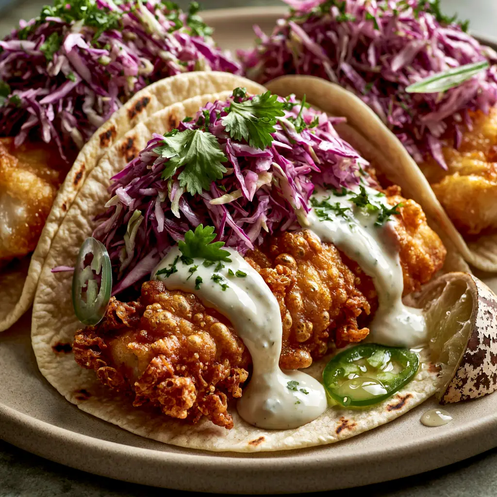Baja Fish Tacos with Ultra-Crispy Beer Batter and Zesty Lime Crema 1 Baja fish tacos topped with purple and green cabbage slaw and a generous drip of thick white crema sauce.