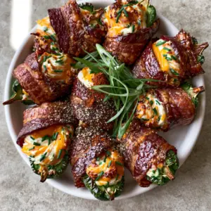 Close-up of Bacon-Wrapped Jalapeno Poppers showing the blistered forest-green skin and glistening bacon glaze.