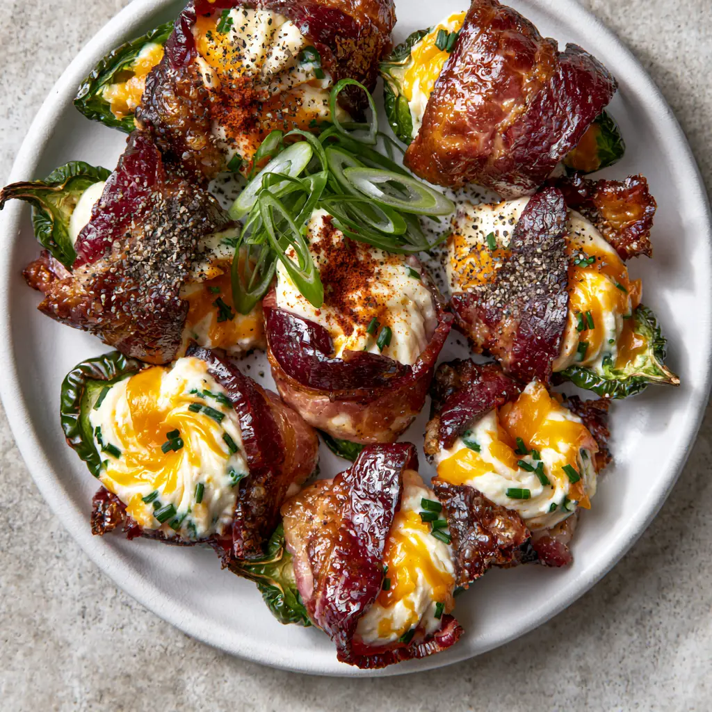Overhead view of a ceramic platter filled with artisanal Bacon-Wrapped Jalapeno Poppers garnished with scallions and paprika.