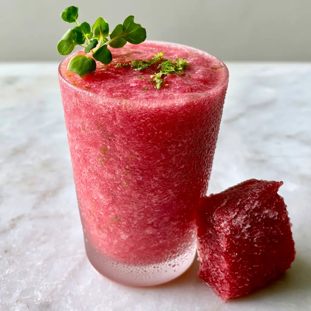 Macro shot of a thick pink watermelon smoothie showing microscopic fruit crystals and condensation on the glass. (watermelon smoothie)
