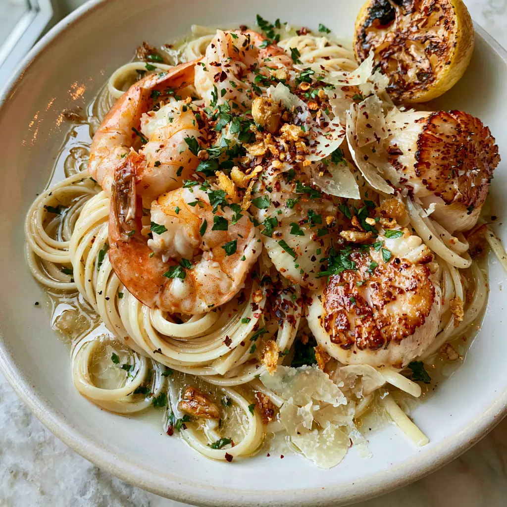 Seafood Pasta Recipe with Seared Scallops and Garlic Wine Sauce 1 Detailed close-up of golden-brown seared scallops and shaved parmesan on pasta. (Seafood pasta recipe)