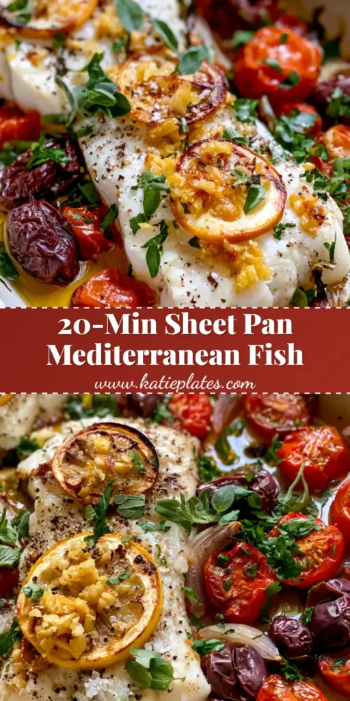 Mediterranean Baked Fish with Blistered Tomatoes and Charred Lemon 3 A sheet pan featuring Mediterranean Baked Fish with flaky white fillets, charred lemon slices, and blistered cherry tomatoes.