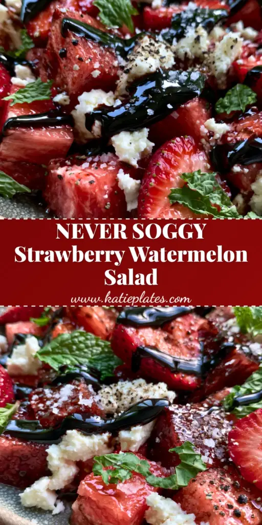 A vertical shot of a vibrant strawberry watermelon salad with balsamic glaze ribbons, feta, and mint in a grey bowl. (strawberry watermelon salad)