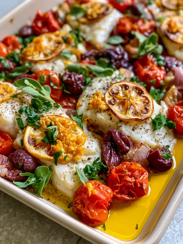 Mediterranean Baked Fish with Blistered Tomatoes and Charred Lemon 2 Close-up angled shot of Mediterranean Baked Fish on a rimmed sheet pan with golden olive oil and roasted garlic bits.
