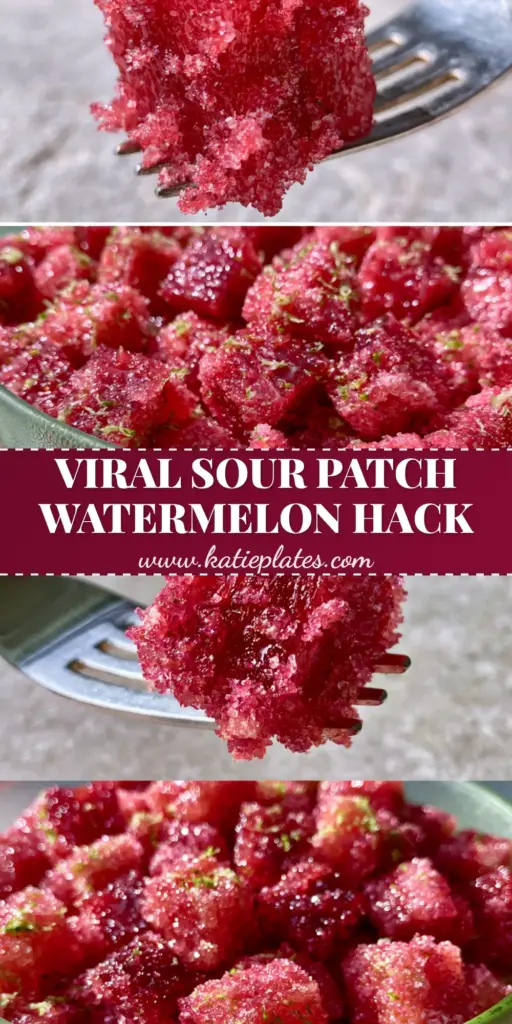 Sour Patch Watermelon: The Viral Neon-Pink Summer Candy Recipe 3 A vertical split-shot of Sour Patch Watermelon featuring a macro close-up of a sugar-encrusted cube on a fork and a bowl of pink treats.