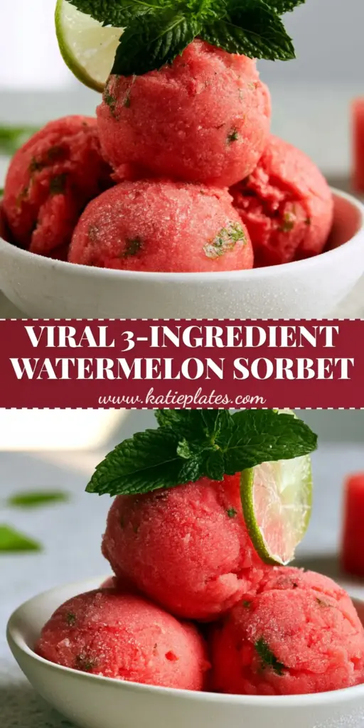 Watermelon Mint Sorbet: The Ultimate Velvety Summer Refreshment 3 Three spherical scoops of vibrant pink-red watermelon mint sorbet in a white bowl on a stone surface.