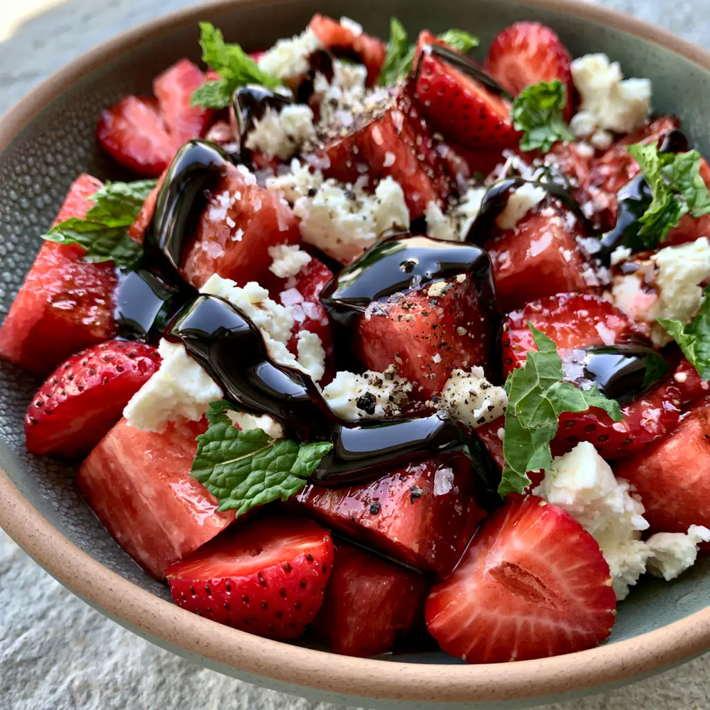 Extreme close-up of chilled strawberry watermelon salad showing condensation on a ceramic bowl and glossy balsamic glaze. (strawberry watermelon salad)