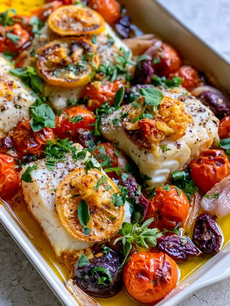 Mediterranean Baked Fish with Blistered Tomatoes and Charred Lemon 1 Top-down view of Mediterranean Baked Fish surrounded by wrinkled Kalamata olives and blistered red cherry tomatoes.