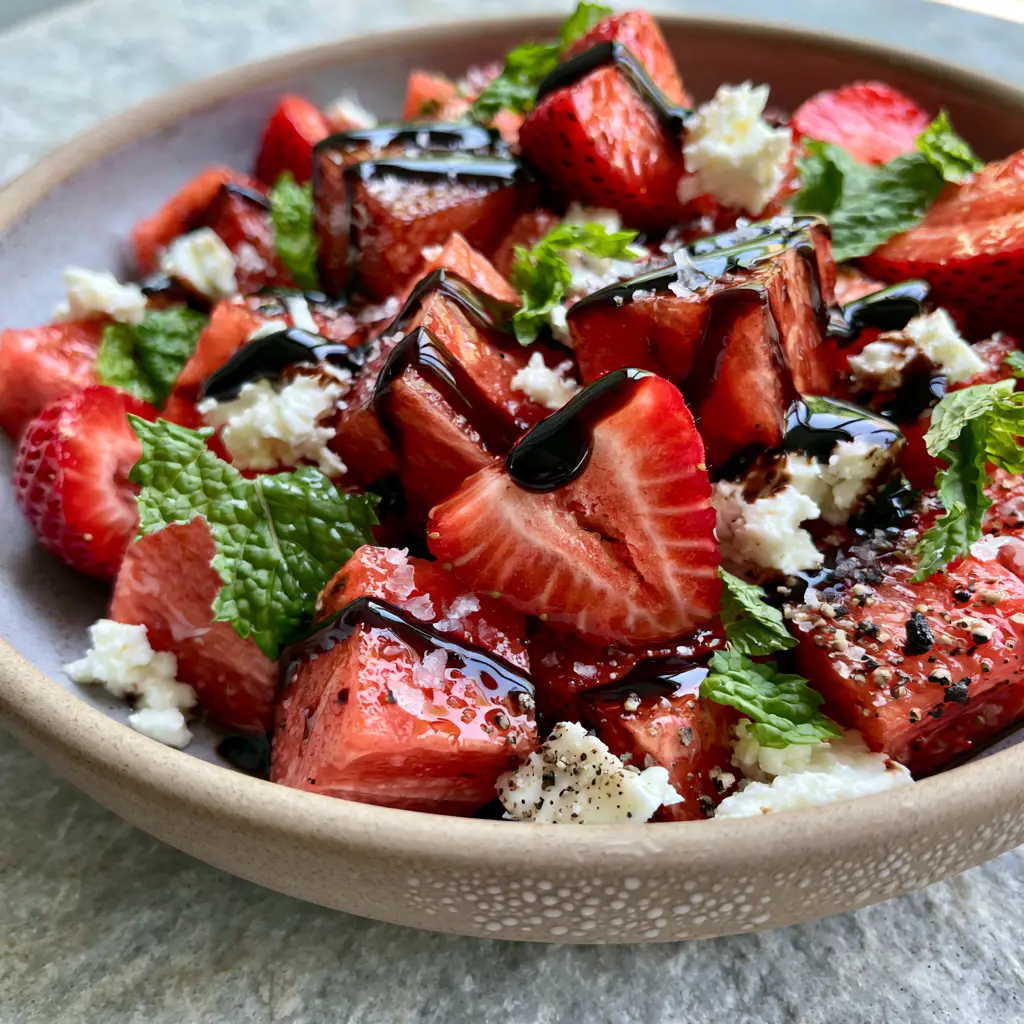 Top-down view of a strawberry watermelon salad with creamy feta crumbles, torn mint, and flaky sea salt. (strawberry watermelon salad)