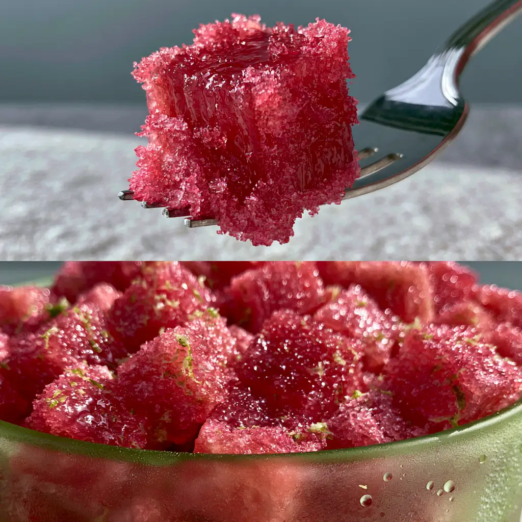 Close up of a Sour Patch Watermelon cube held by a silver fork showing the sandpaper-like sugar texture.