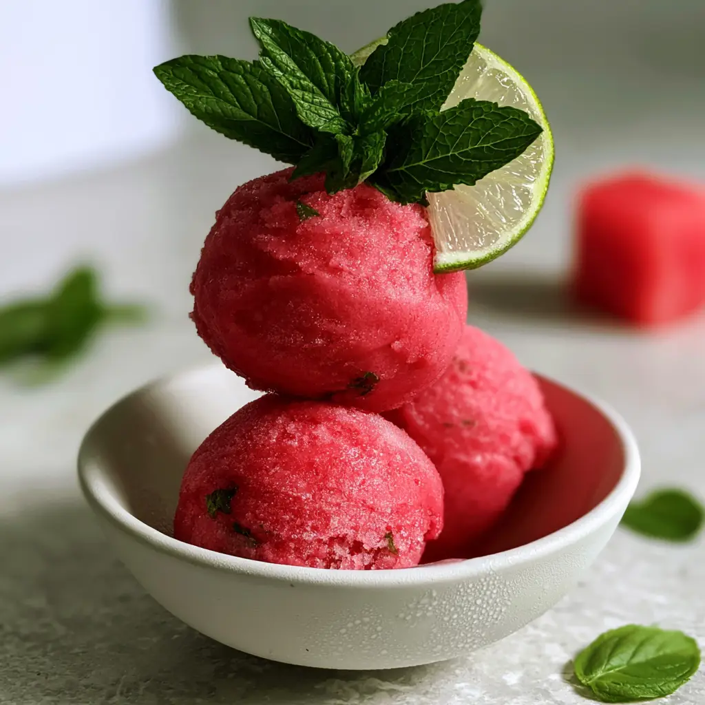 Dense and velvety watermelon mint sorbet with visible emerald green mint flecks and a lime wheel garnish.