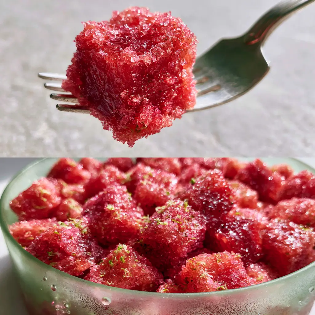 Sour Patch Watermelon: The Viral Neon-Pink Summer Candy Recipe 1 A frosted glass bowl overflowing with hundreds of uniform Sour Patch Watermelon cubes shimmering with lime zest.