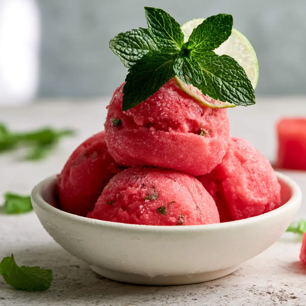 Watermelon Mint Sorbet: The Ultimate Velvety Summer Refreshment 1 Close up of watermelon mint sorbet scoops with light condensation droplets in a chilled white ceramic bowl.