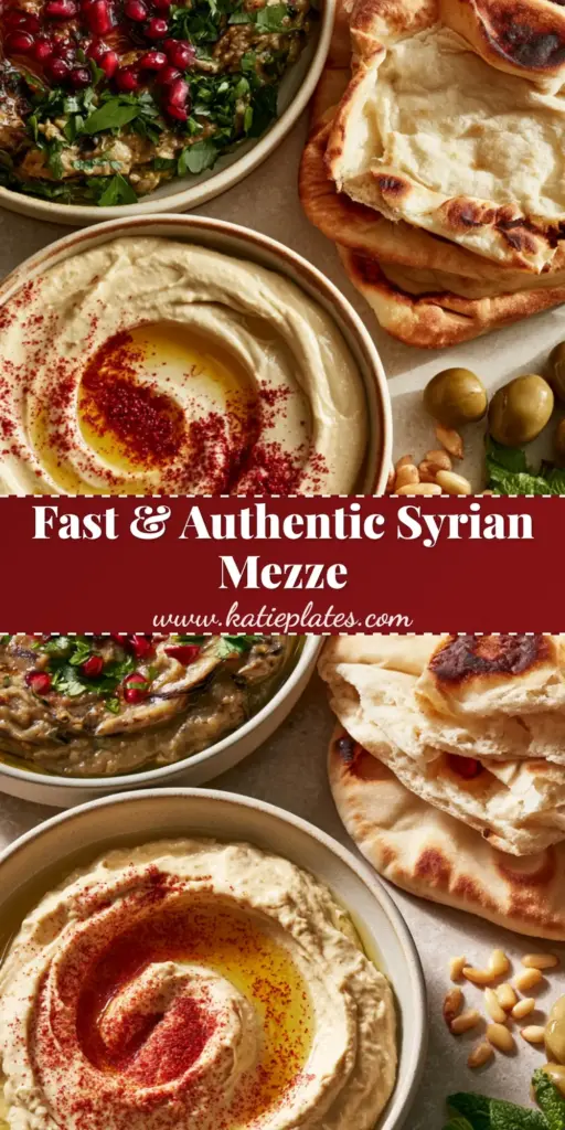 A macro close-up of a Syrian mezze platter featuring whipped hummus with sumac and smoky mutabbal with pomegranate. (Syrian food recipes)