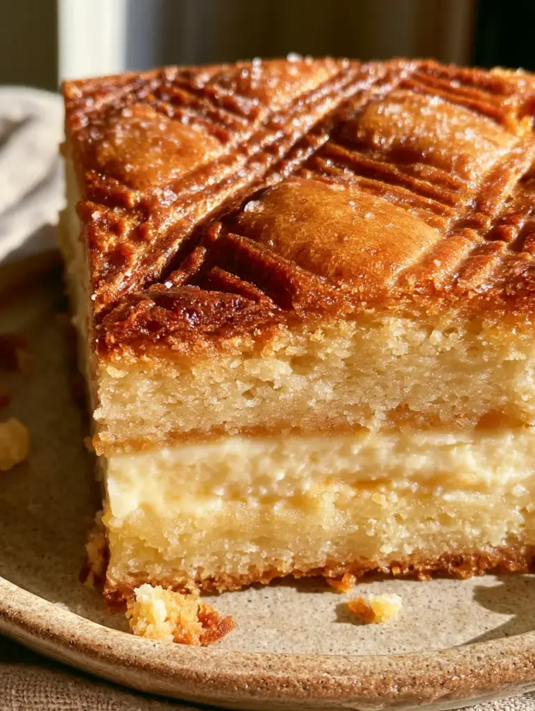 Gateau Basque: The Ultimate Buttery French Shortbread Custard Cake 1 Side view of Gateau Basque slice revealing the clean layer of pale ivory pastry cream and glistening salt crystals on the crust.