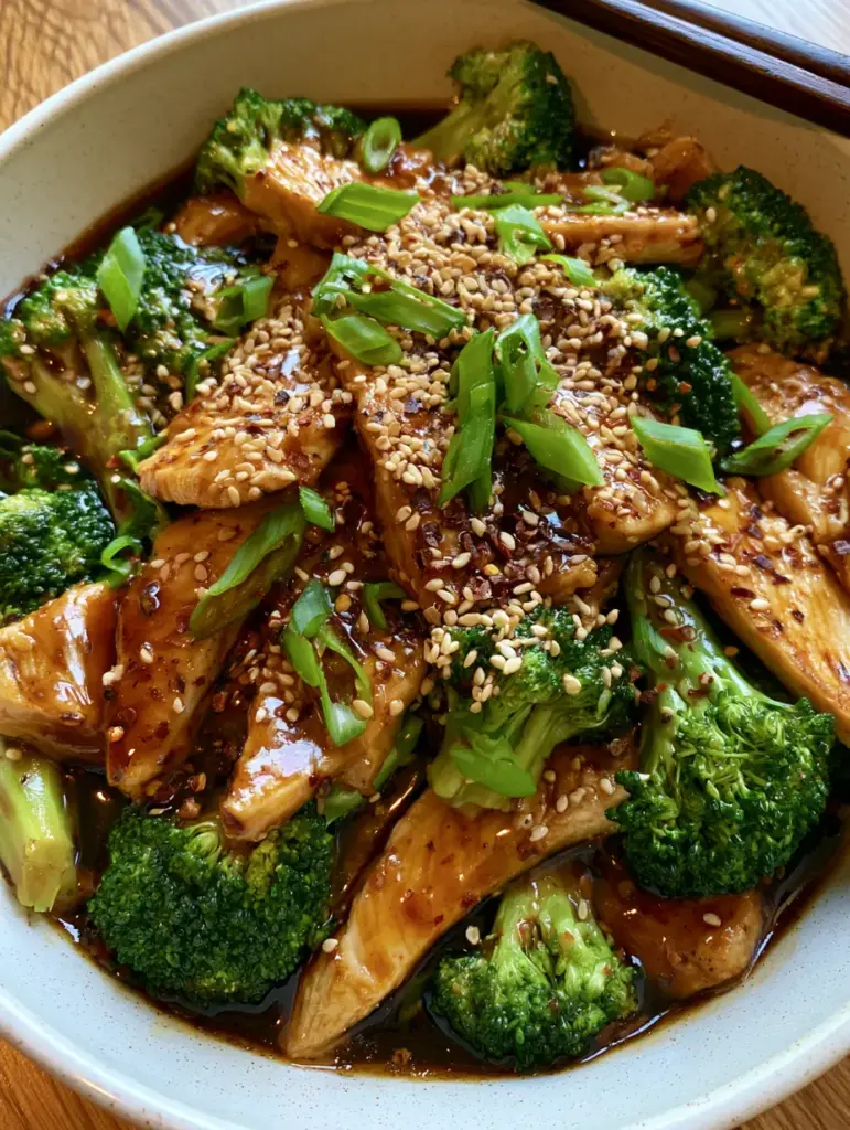 Vibrant emerald broccoli florets and golden seared chicken strips in a white bowl.
