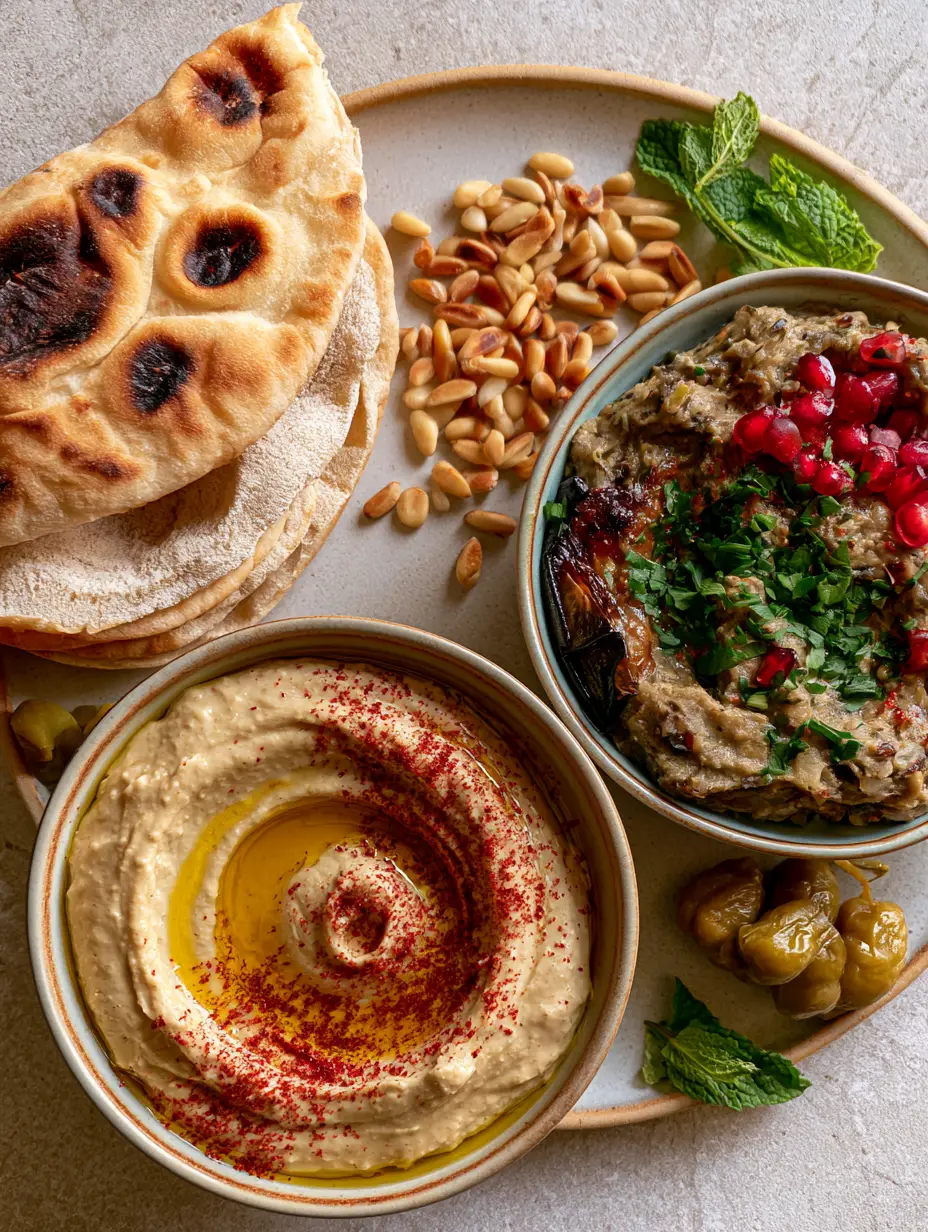 Top-down view of creamy Syrian hummus with a deep olive oil well and sumac dusting. (Syrian food recipes)