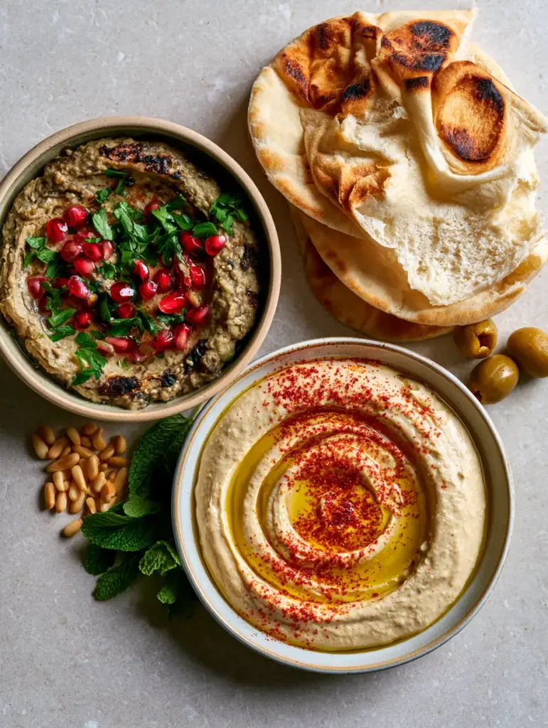 Smoky mutabbal eggplant dip topped with juicy ruby-red pomegranate seeds and parsley.