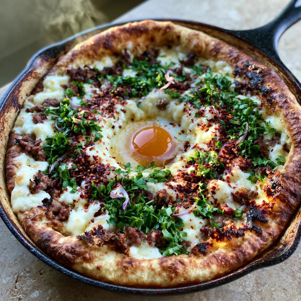 Close up of a runny orange egg yolk nestled in melted cheese and spiced beef on a Turkish flatbread.
