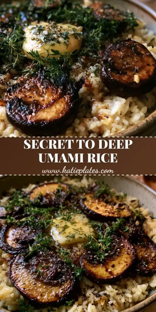 A deep ceramic stoneware bowl filled with garlic butter mushroom rice, featuring caramelized cremini slices, fresh thyme, and a melting pat of butter. (mushroom rice)