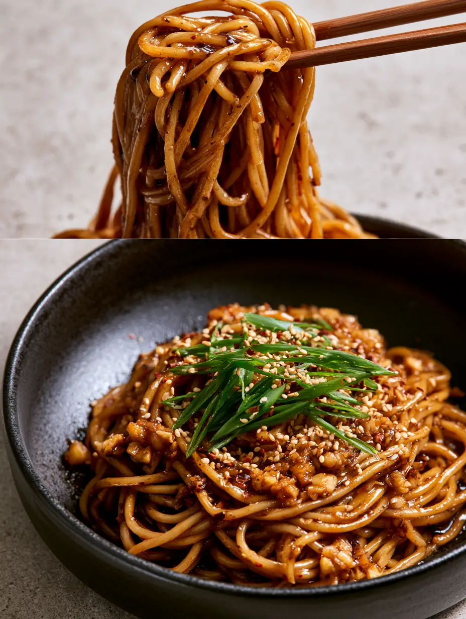 Split frame shot of Chinese Pasta: top view of noodles on chopsticks and bottom macro view of the dish in a black bowl with green scallions.