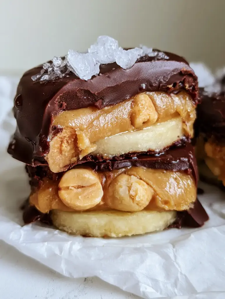 Handheld photo of a frozen chocolate peanut butter banana bite sliced in half on parchment paper.