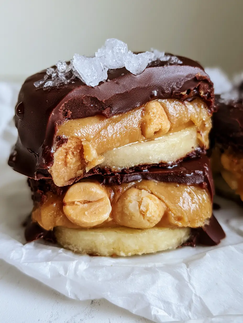 Handheld photo of a frozen chocolate peanut butter banana bite sliced in half on parchment paper.
