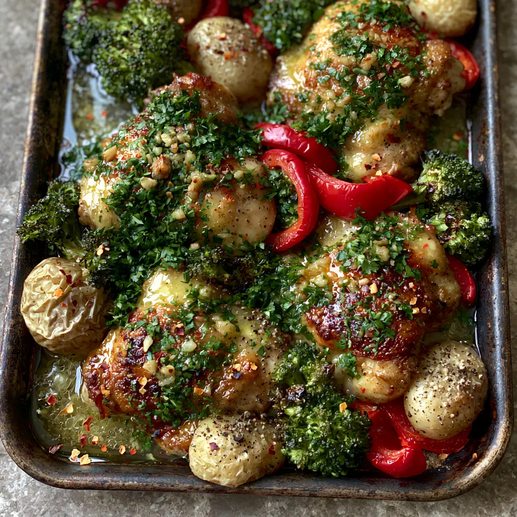 Chicken and Vegetable Recipes: The Ultimate Garlic Butter Sheet Pan Thighs 1 A rustic sheet pan filled with charred broccoli, red peppers, and crispy potatoes drizzled in butter.