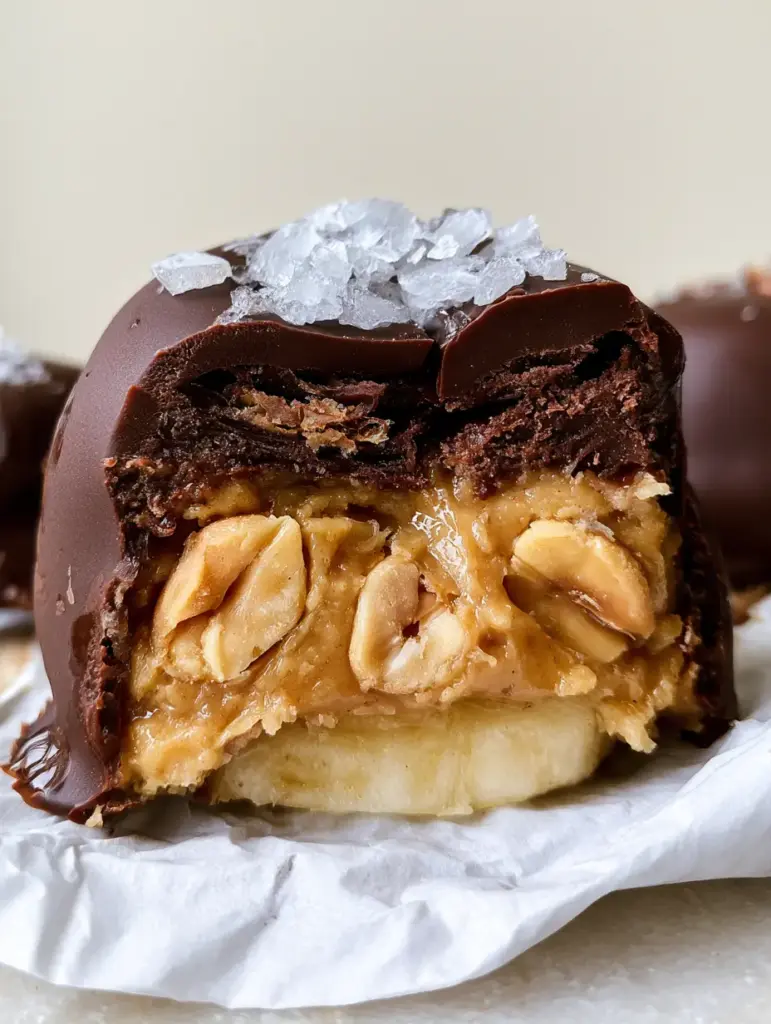Close up of frozen chocolate peanut butter banana bites with condensation and flaky sea salt.
