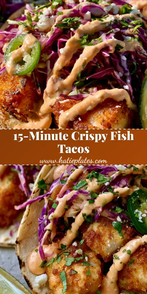 Fish Tacos with Crispy Panko Crust and Zesty Chili-Lime Sauce 4 Close-up of three crispy Fish Tacos with panko-crusted fish, shredded purple cabbage, and a pale-orange chili-lime drizzle on charred corn tortillas.