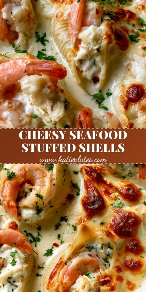 Seafood Stuffed Shells with Garlic Alfredo and Lump Crab 4 A close-up of Seafood Stuffed Shells in a baking dish with melted mozzarella, pink shrimp, and crab meat pieces visible.