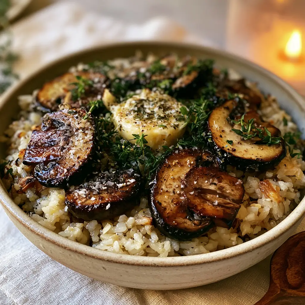 Warm atmospheric shot of mushroom rice in a stoneware bowl with a wooden spoon and flickering candle background.