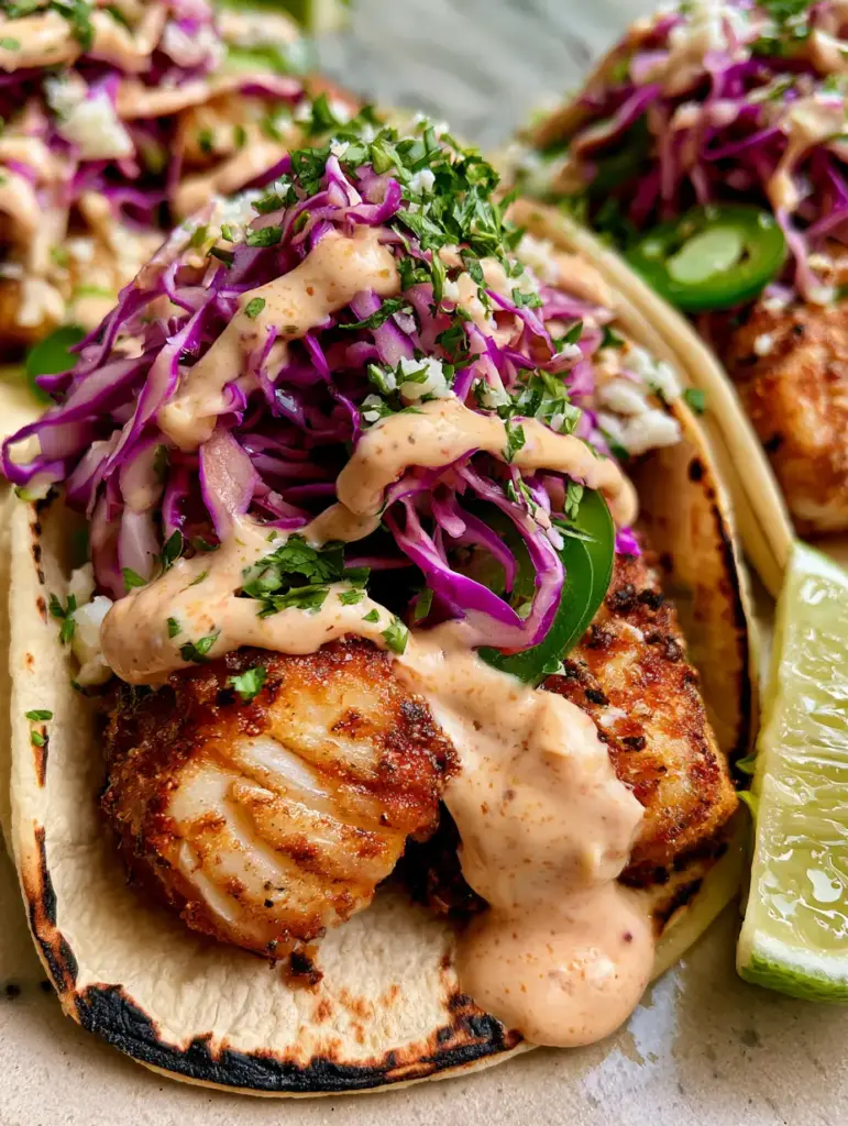 Fish Tacos with Crispy Panko Crust and Zesty Chili-Lime Sauce 2 Extreme close-up of handheld Fish Tacos showing the texture of panko-crusted white fish and creamy orange sauce.