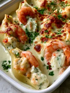 Macro shot of Seafood Stuffed Shells bursting with shrimp and crab in a white alfredo sauce with toasted parmesan.