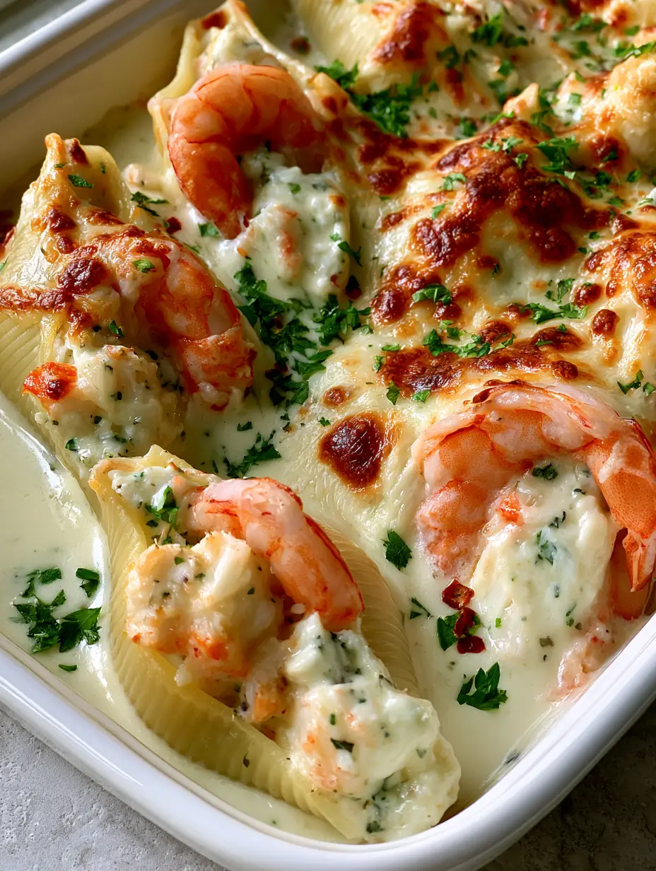 Seafood Stuffed Shells with Garlic Alfredo and Lump Crab 3 Macro shot of Seafood Stuffed Shells bursting with shrimp and crab in a white alfredo sauce with toasted parmesan.