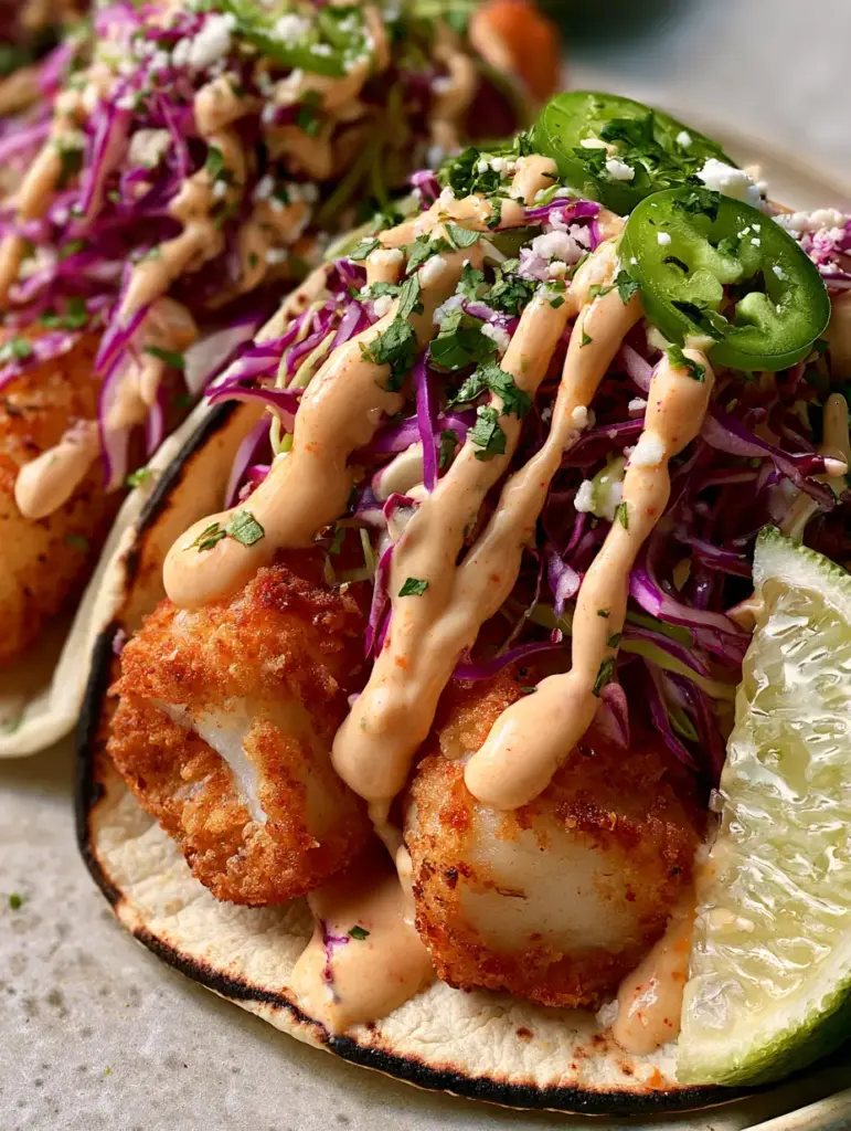 Fish Tacos with Crispy Panko Crust and Zesty Chili-Lime Sauce 1 Handheld photo of Fish Tacos with vibrant green jalapenos, purple cabbage slaw, and a fresh lime wedge.