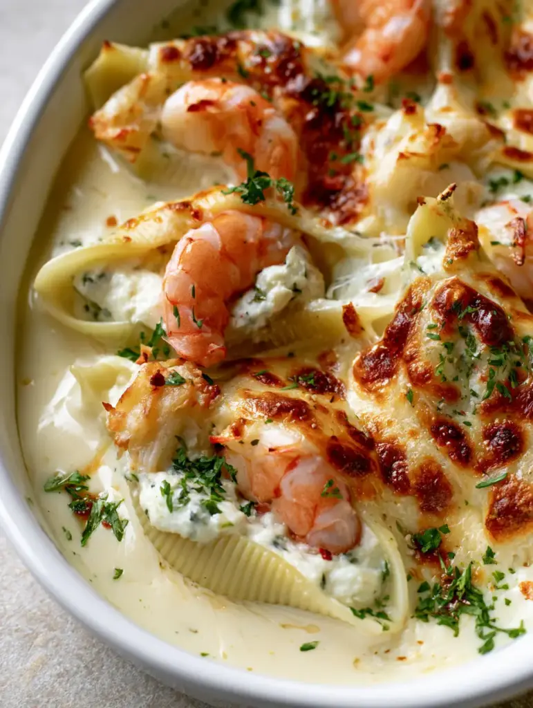 Seafood Stuffed Shells with Garlic Alfredo and Lump Crab 1 Close-up view of a ceramic dish filled with cheesy Seafood Stuffed Shells garnished with parsley and red pepper flakes.