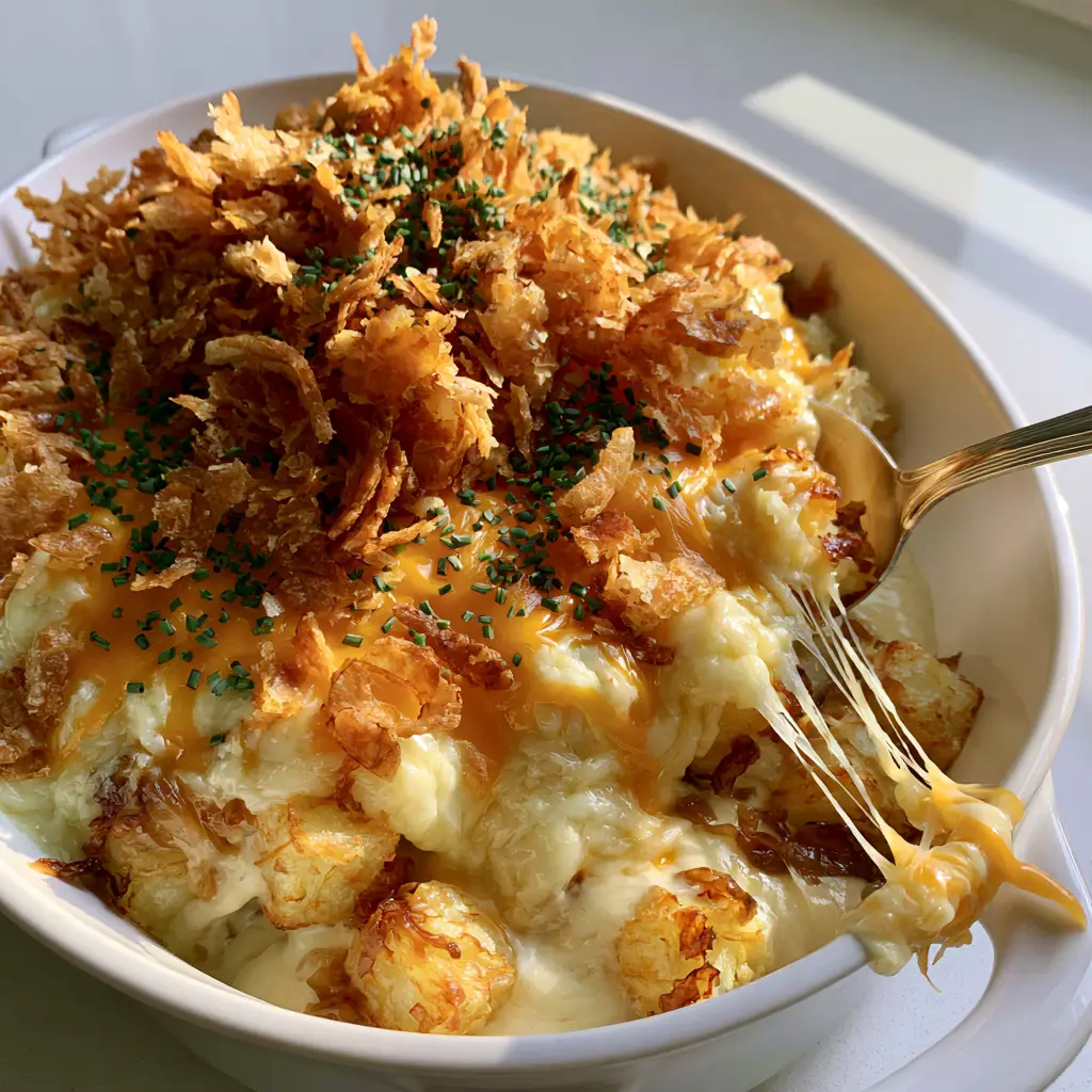 French Onion Funeral Potatoes: The Ultimate Cheesy Hashbrown Casserole 2 A white ceramic baking dish filled with golden-brown French Onion Funeral Potatoes and melted cheese. (French Onion Funeral Potatoes)