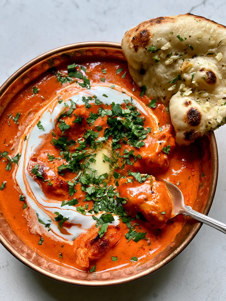 Easy Indian recipes: The Ultimate Creamy Butter Chicken and Blistered Garlic Naan 4 Close-up shot of steaming Butter Chicken with a heavy cream drizzle and fresh cilantro. (Easy Indian recipes)