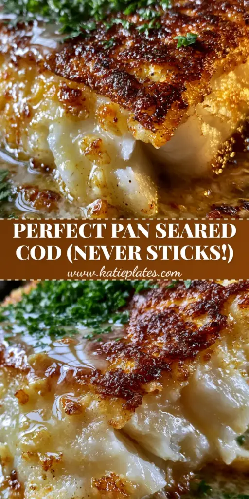 Pan Seared Cod with Lemon Garlic Butter Sauce (10-Minute Meal) 3 A thick Pan Seared Cod fillet with a deep golden-brown crust and lemon butter sauce in a cast iron skillet.