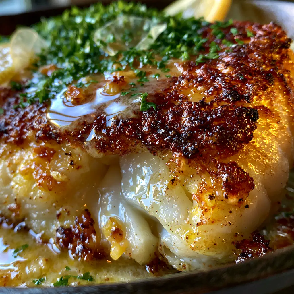 Pan Seared Cod with Lemon Garlic Butter Sauce (10-Minute Meal) 2 Macro view of Pan Seared Cod breaking into moist white flakes with a glistening lemon garlic sauce.